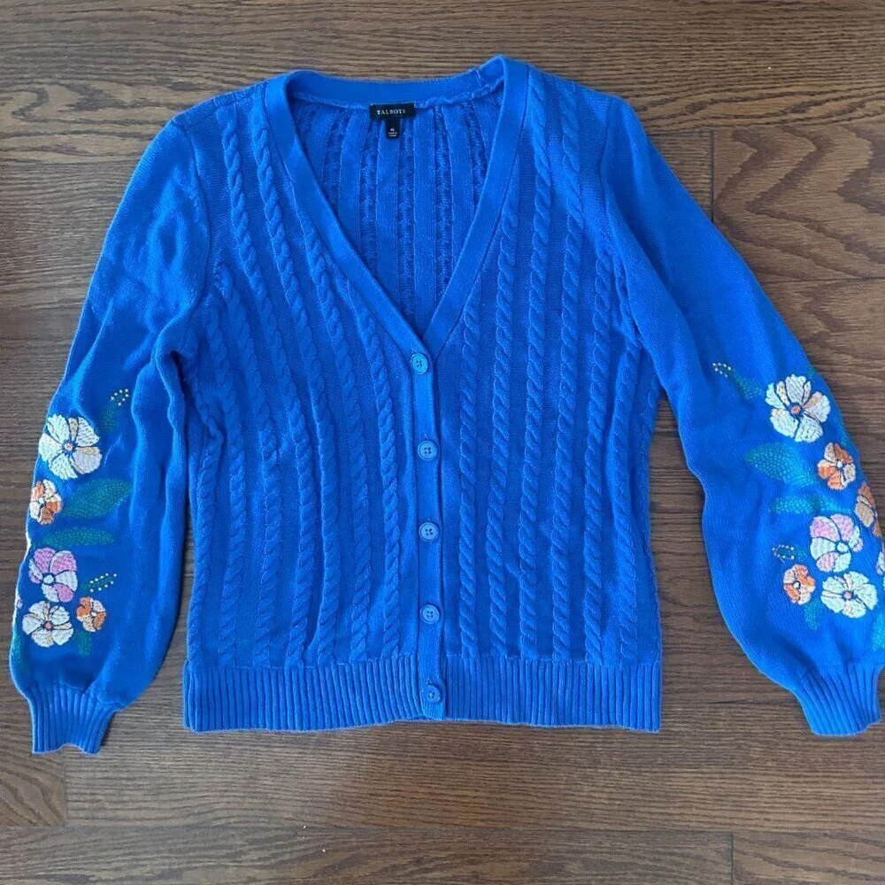 Talbots Blue Cable Knit Floral Embroidered Button Front Cardigan Size XS Relaxed